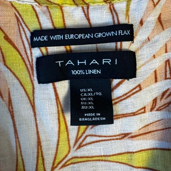 Tahari Women XL 100% Linen Sleeveless Shirt Yellow Tropical Palm Tree Resort - Picture 2 of 5